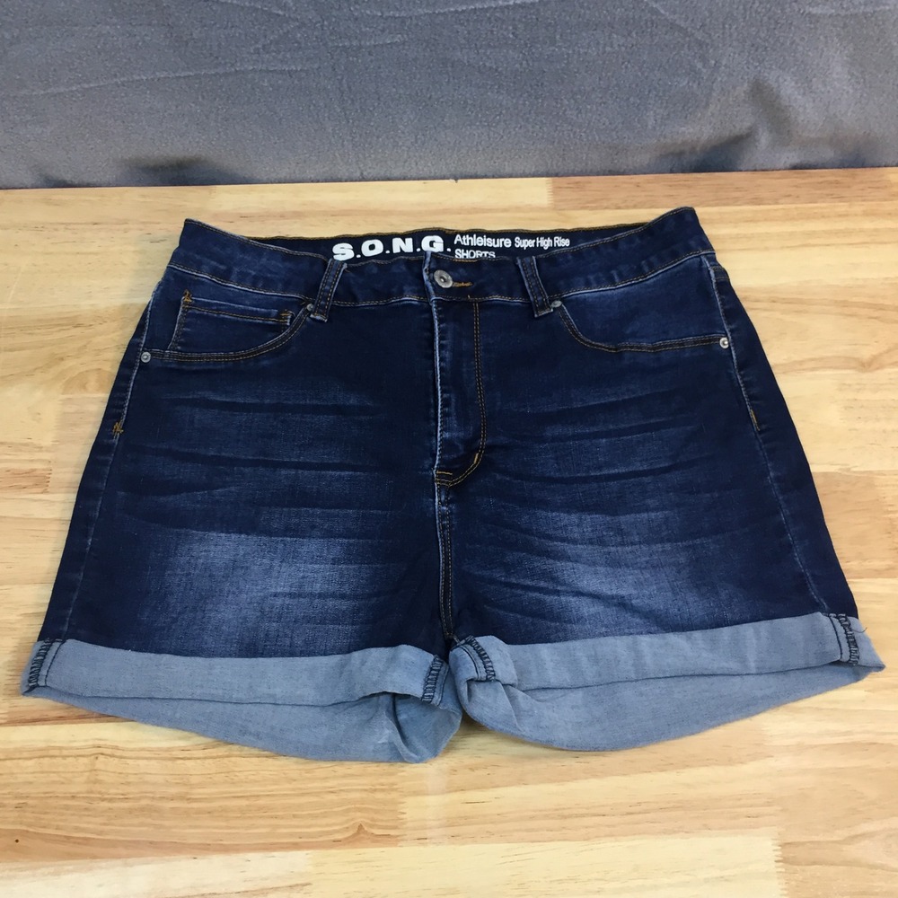 SONG Athleisure Super High Rise Denim Shorts Dark Wash‎ Cuffed Size 18